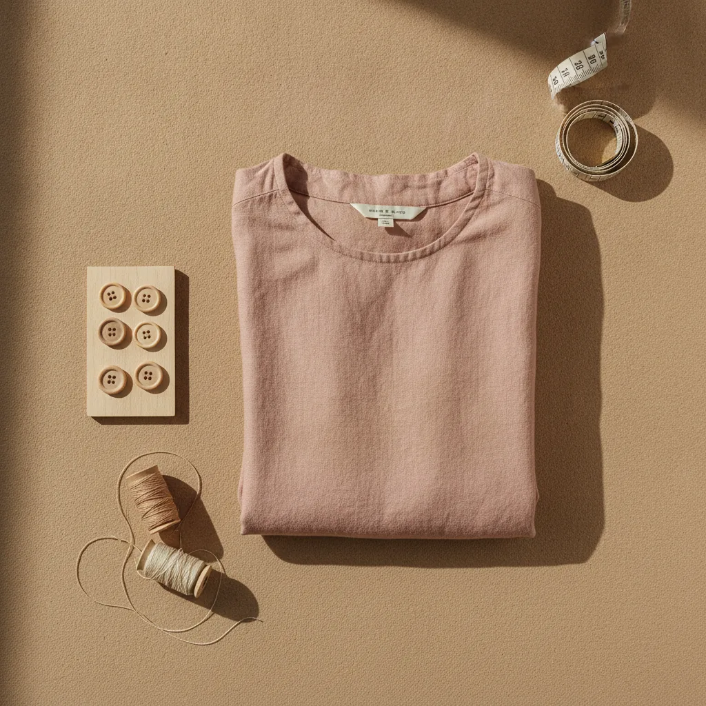 Folded linen garments, thread spools and a measuring tape on a plaster surface
