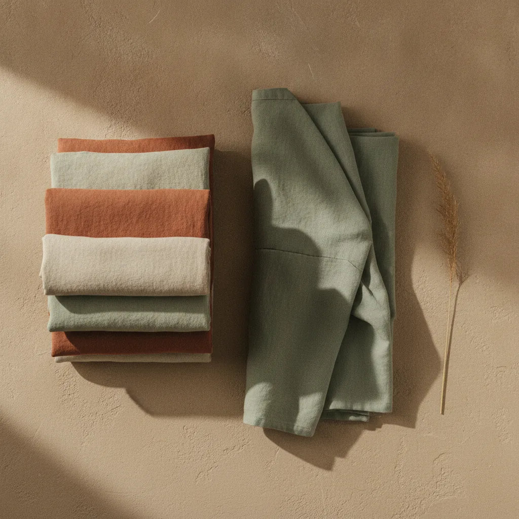 Neatly folded stacks of Field Day linen clothing in natural, sage and clay tones on a warm plaster surface